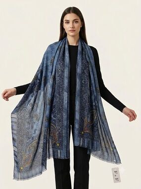 F&F Blue Paisley Modal Oversized Rectangular Scarf Lightweight Italy Luxury